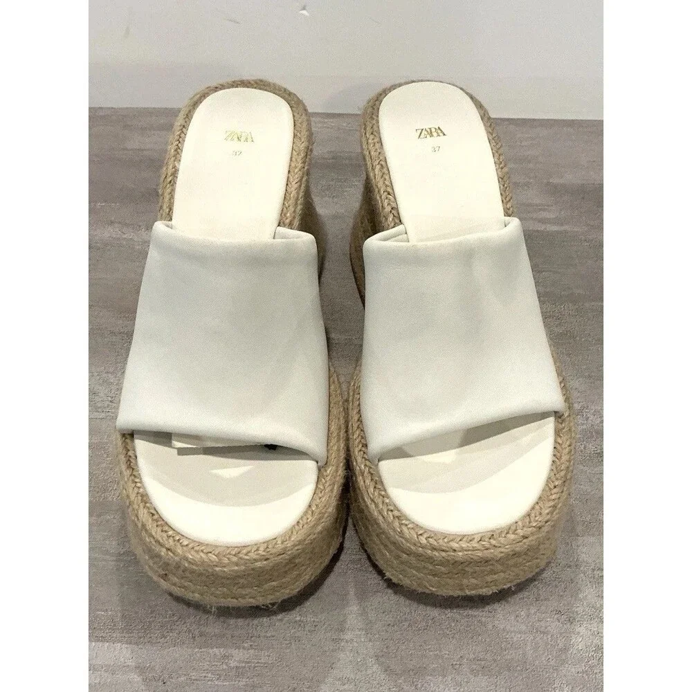 Zara White Leather Chunky Platform Sandals Jute Espadrille Mules NWT Size 37 6.5 - Picture 6 of 11